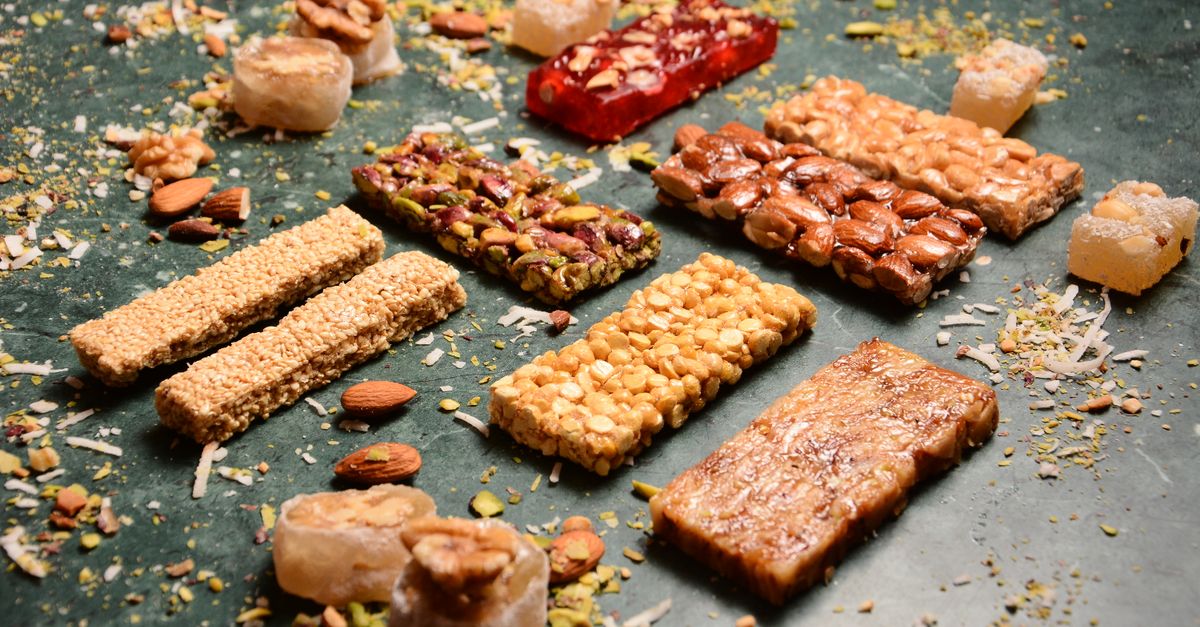 Nut and seed energy bars showing the oil-rich surface that packaging grease resistance must handle