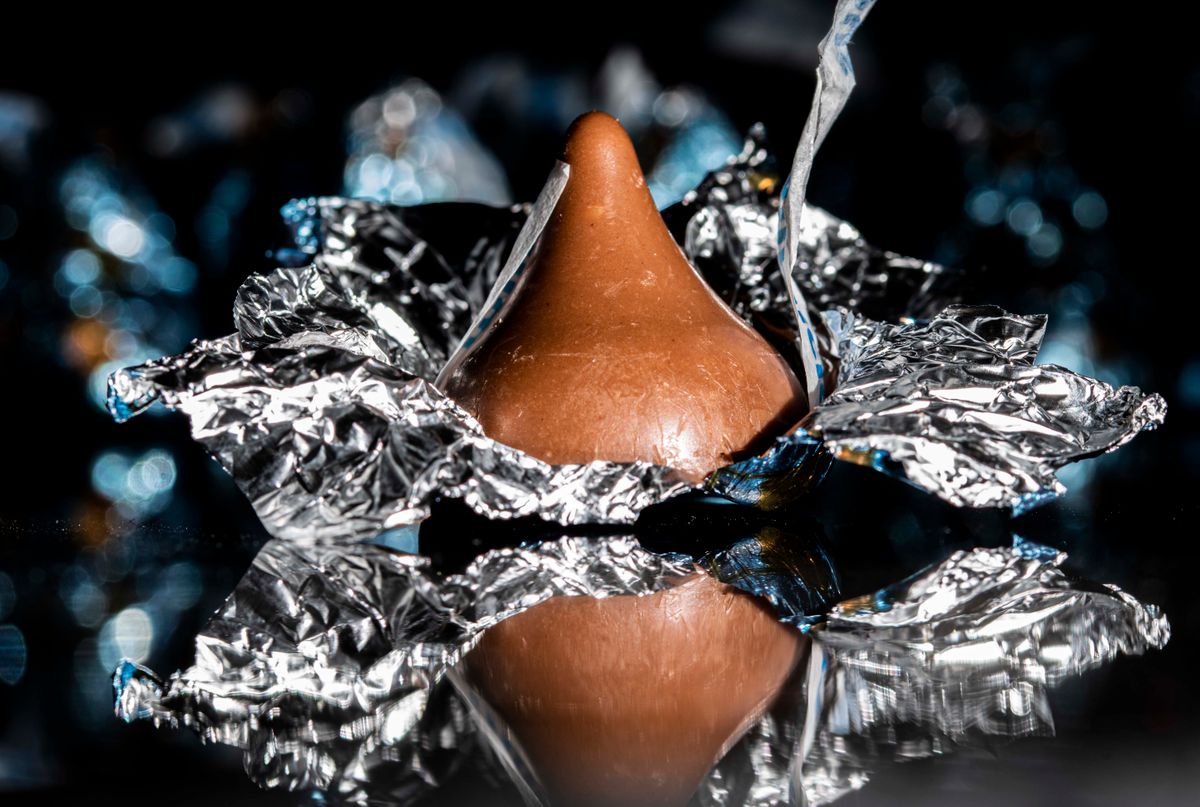 Close-up of a metallised foil chocolate barrier layer showing the moisture and oxygen barrier