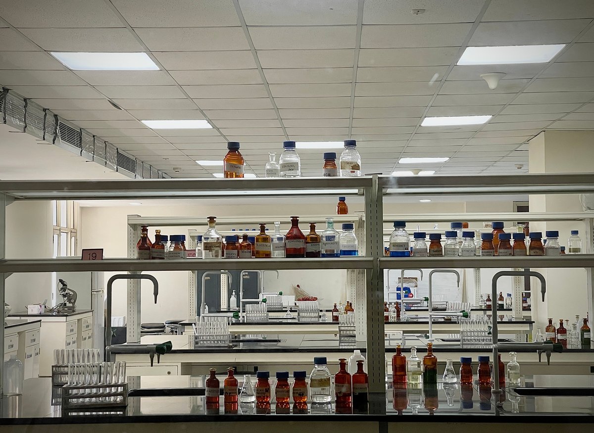 Chemistry laboratory bench in India with rows of amber reagent bottles, test-tube racks and flasks on steel shelving