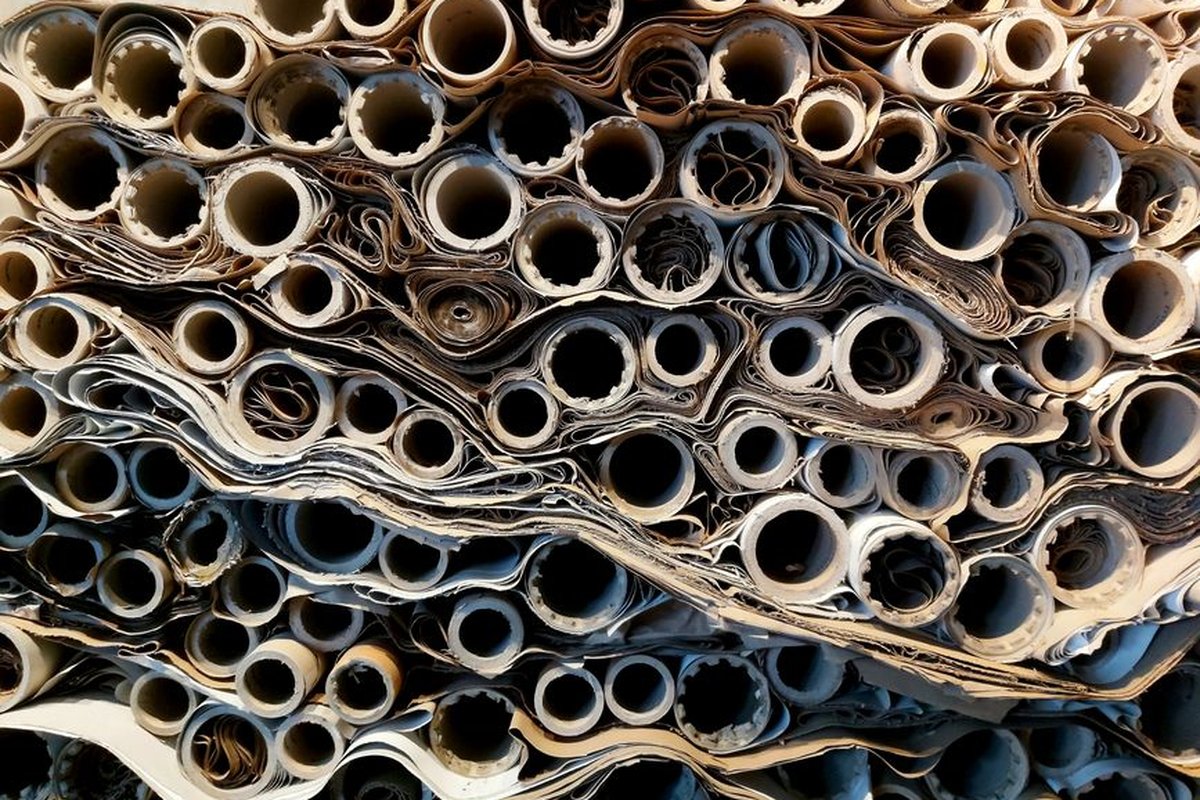End-view of stacked rolled kraft paper stock in a mill