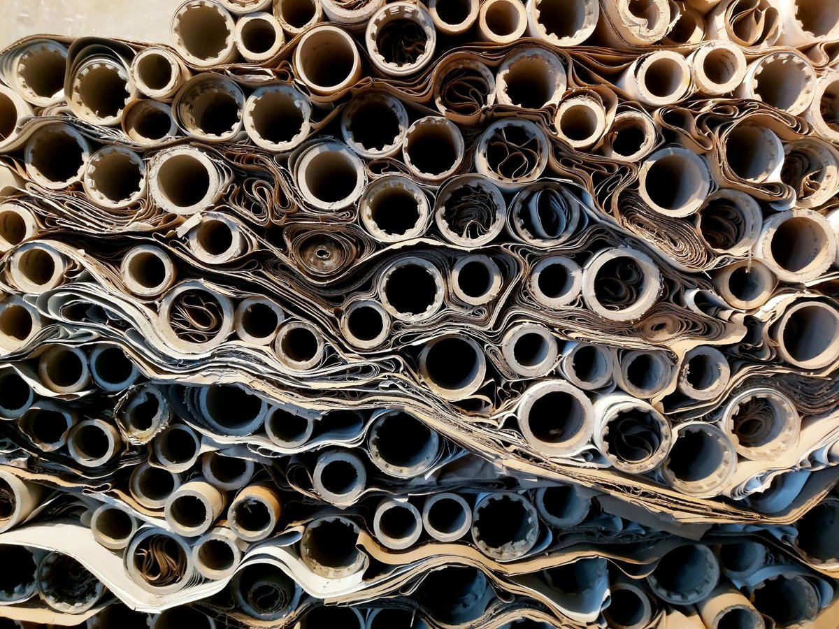 Stack of used paper rolls and cardboard cores seen end-on in a storage area